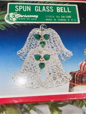 VTG Spun Glass Bell Holiday Ornament - Clear with Green Accents Made in Taiwan